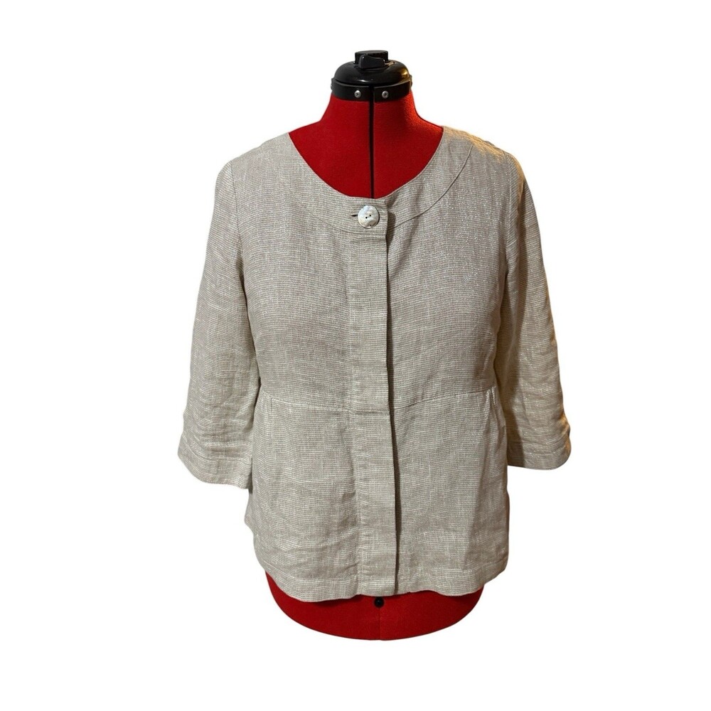 J.Jill Linen Metallic Jacket M 3/4 Sleeve Peplum Hidden Button Lurex